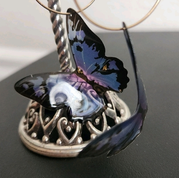 Bijou Brigitte Butterfly Dangle Drop Hoop Earrings Blue Purple Acrylic Gold Tone - Picture 5 of 11